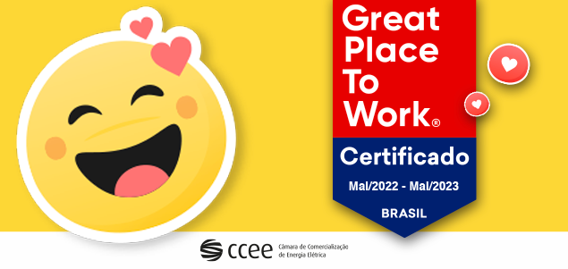 Imagem de fundo amarelado destaca um emoji feliz no canto esquerdo e, à direita, o selo da Great Place to Work