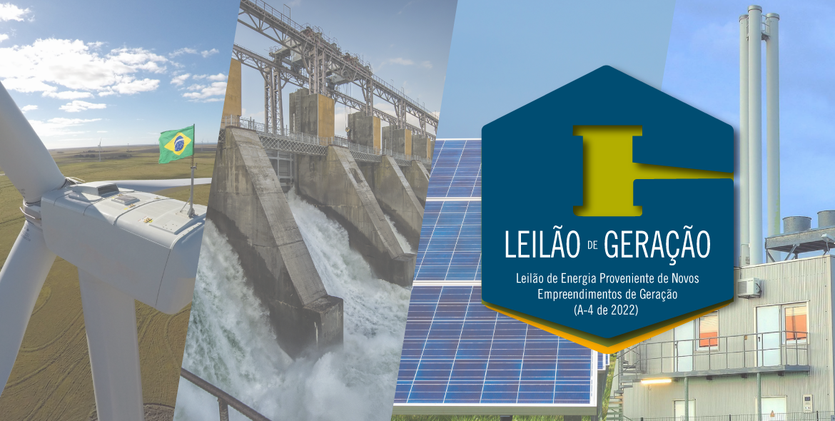 Imagem com usinas de geração de energia elétrica sobrepostas pelo logo do Leilão de Energia Nova A-4