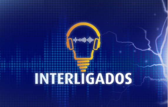 Logo do Interligados que é lampada amarela com fundo azul