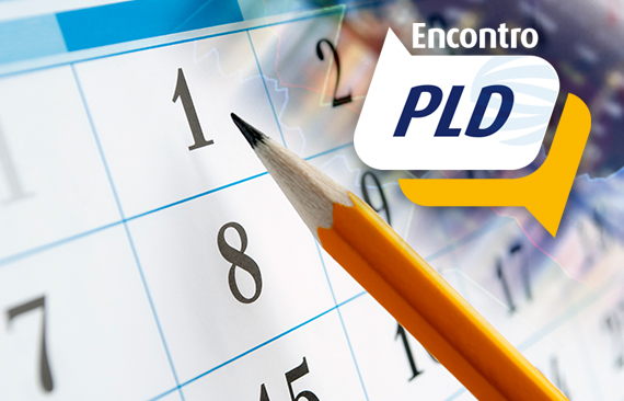 Calendário com lápis apontando para o espaço do dia 1º com a logo do Encontro do PLD no canto superior direito