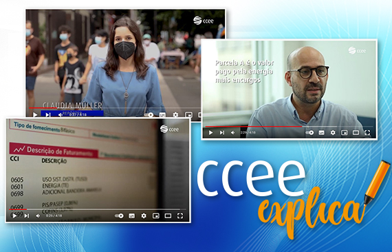 Montagem com vários prints do vídeo do CCEE Explica, nas quais aparecem uma repórter branca, de cabelos castanhos, e um homem branco e careca.