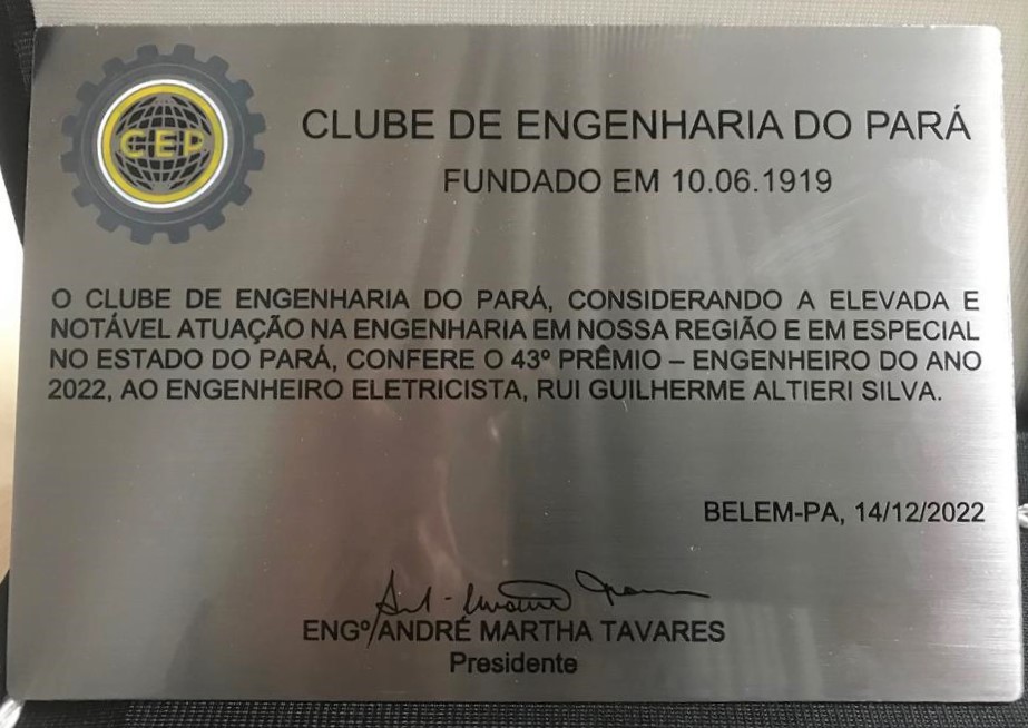 Placa de Homenagem para Rui Altieri, produzida pelo Clube de Engenharia do Pará