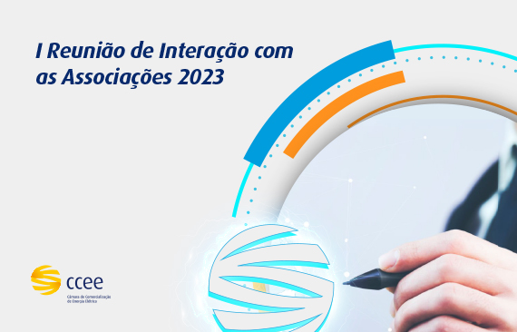 Mão segurando caneta no canto inferior com logo da CCEE e escrito Reunião de Interação com as Associações