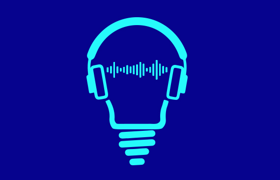 Logo do interligados em azul, uma lâmpada com frequência de som e fone de ouvido