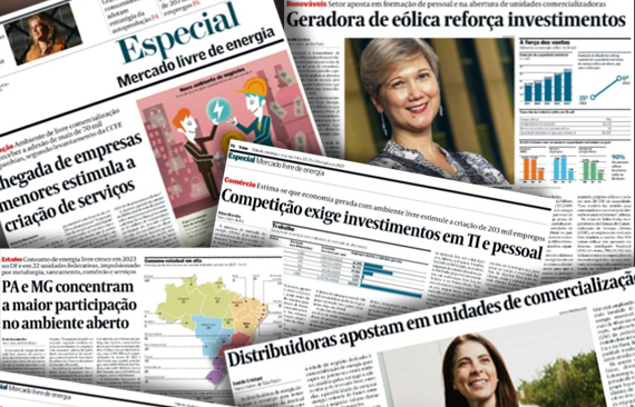 Imagem mostra páginas de jornal com matérias das quais a CCEE participa