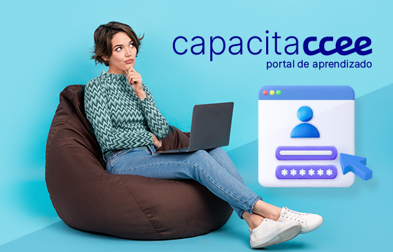 Mulher sentada em puff com computador no colo pensando