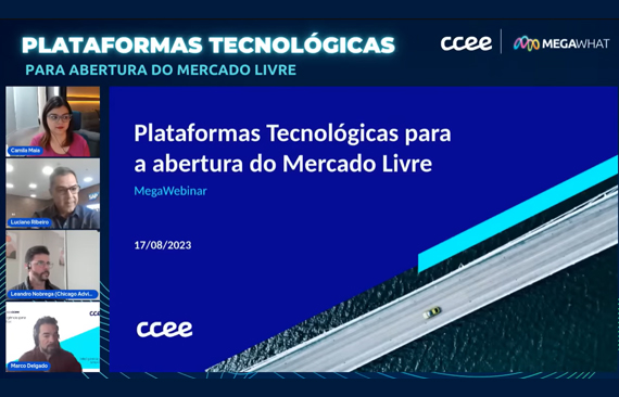 Imagem de uma tela de computador com a apresentação do Conselheiro Marco Delgado sobre a Plataforma de Integração da CCEE