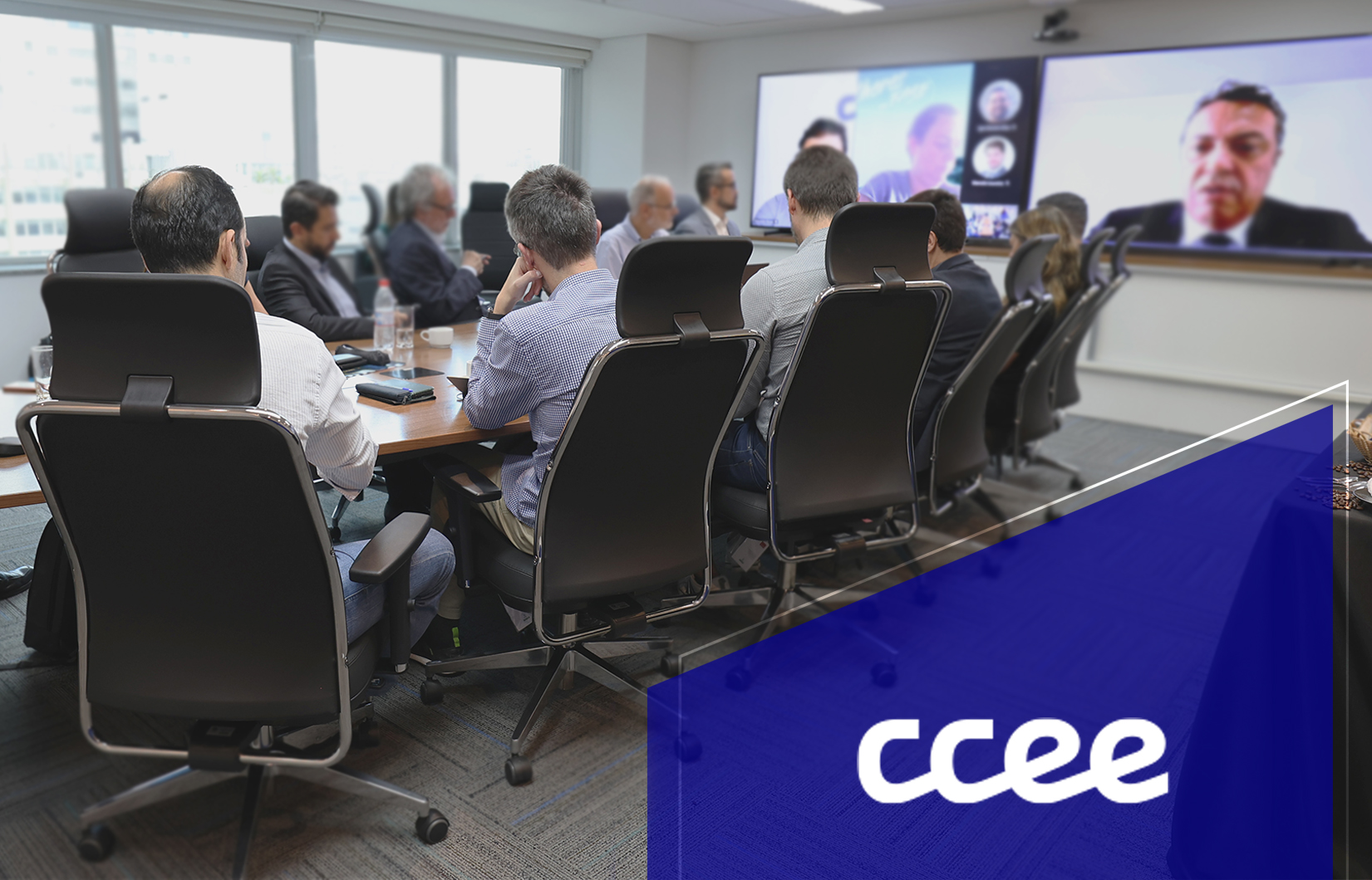 A imagem mostra a comitiva portuguesa da ERSE em sala de reunião na CCEE