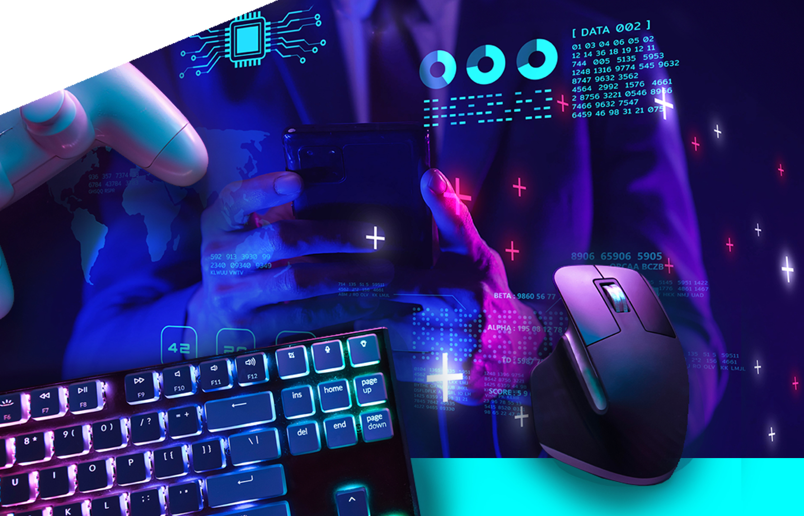 Montagem que une um teclado de computador, um controle de videogame e um mouse sobre um fundo com números e dados