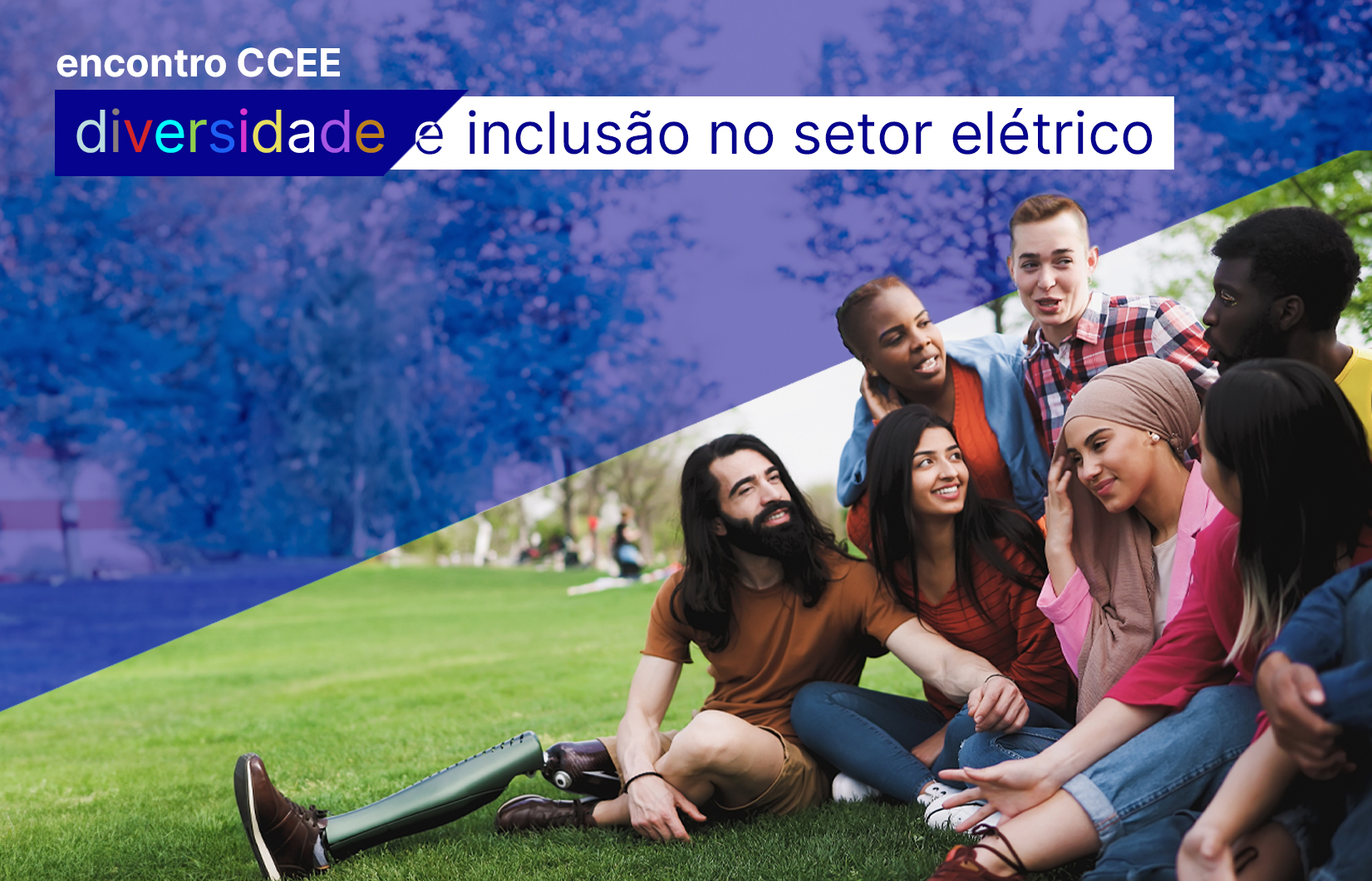 A imagem mostra um grupo de pessoas diversas em um parque arborizado