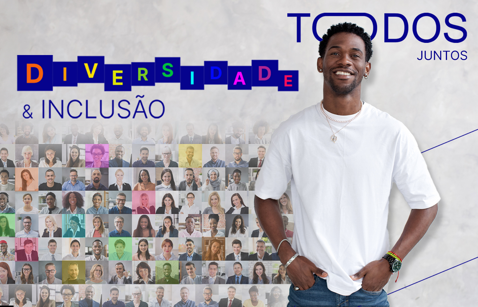Homem negro com camiseta branca e jeans em frente ao uma painel colorido com rostos diversos