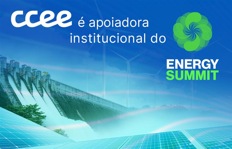 Imagem mostra uma usina ao fundo com a logo do Energy Summit na frente