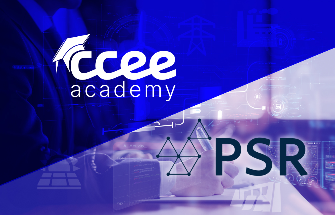 Imagem mostra as logos da CCEE Academy e da PSR
