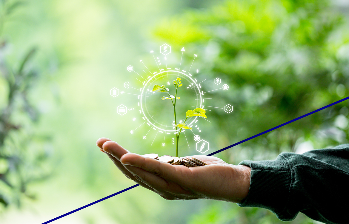 Imagem mostra um homem segurando o planeta terra holográfico