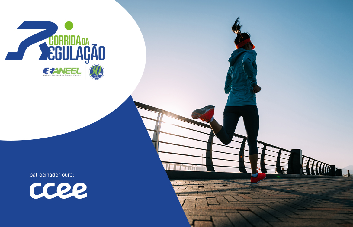 A imagem mostra uma mulher correndo sobre uma ponte de ferro. Ao lado esquerdo, são apresentados os logos da Corrida da Regulação e da CCEE como