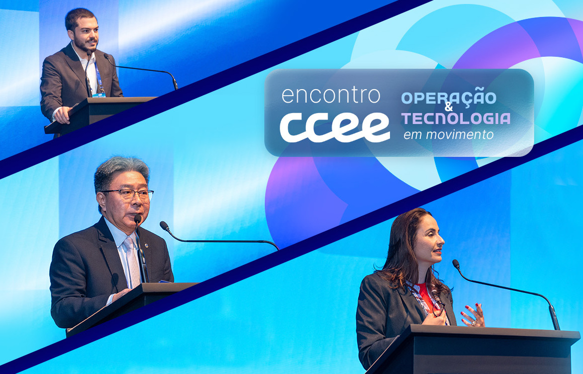 Ricardo Simabuku, Vital Neto e Gerusa Côrtes no púlpito do EncontroCCEE: Operação e Tecnologia em Movimento.