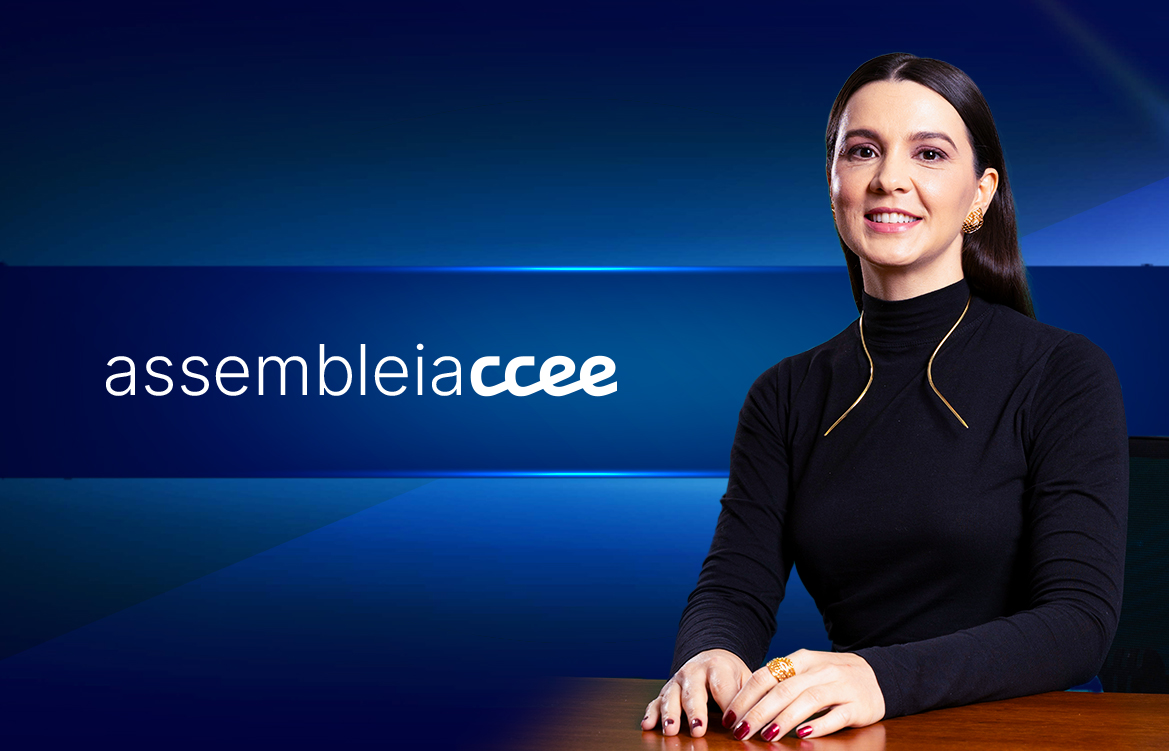 A imagem mostra a nova diretora da CCEE, Elisa Bastos. Ela é uma mulher branca, de cabelos lisos, está sentada em uma mesa de madeira e sorri.